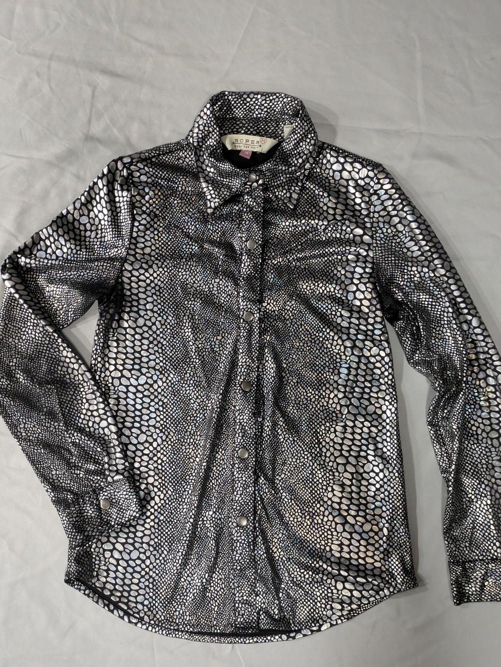 Roper Wear The West Girls Medium 7/8 Silver Holographic Scale Western Snap Top